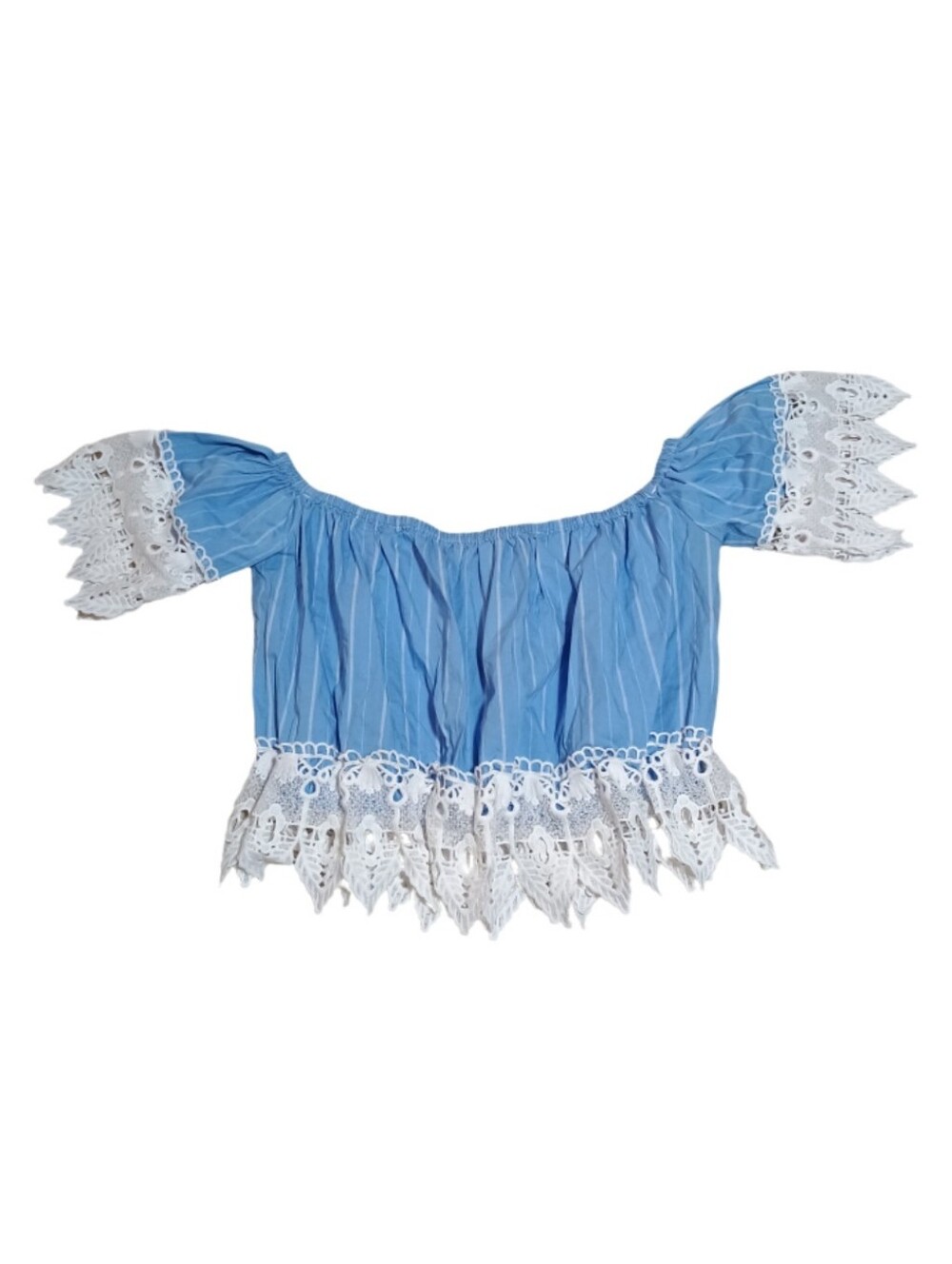love J Light Blue Off-Shoulder Crop Top with White Lace Trim